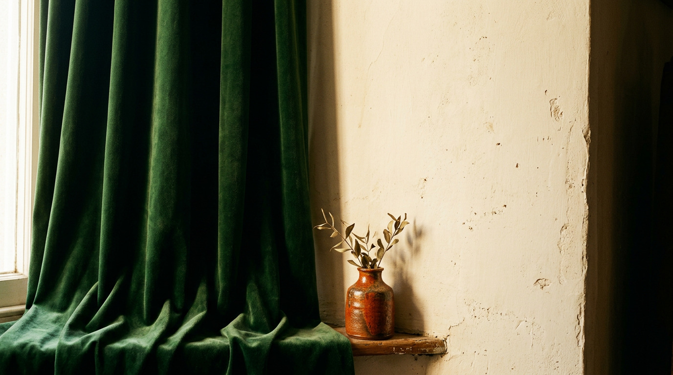 Deep forest green velvet curtain beside a cream plaster wall
