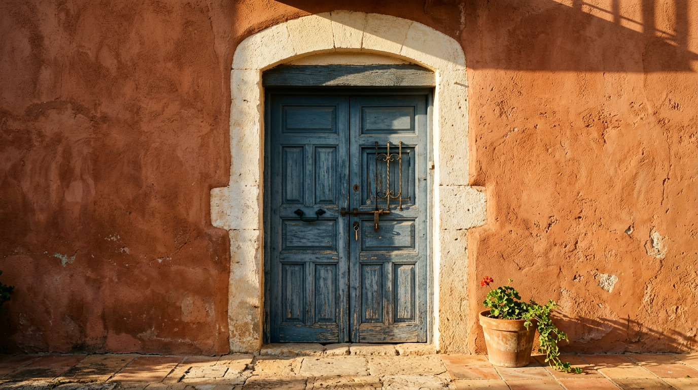 Dusty blue painted door in a terracotta wall