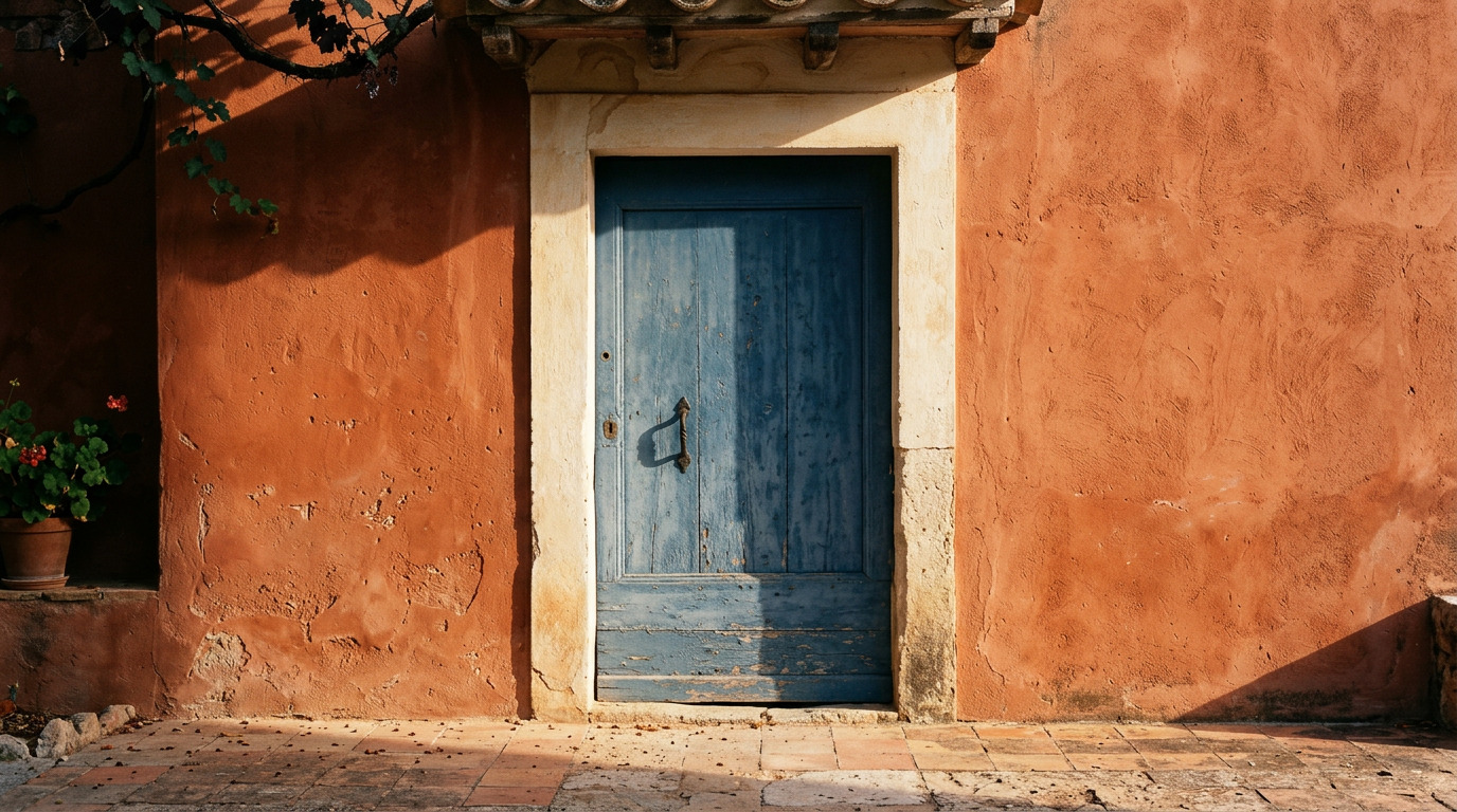 Dusty blue painted door in a terracotta wall