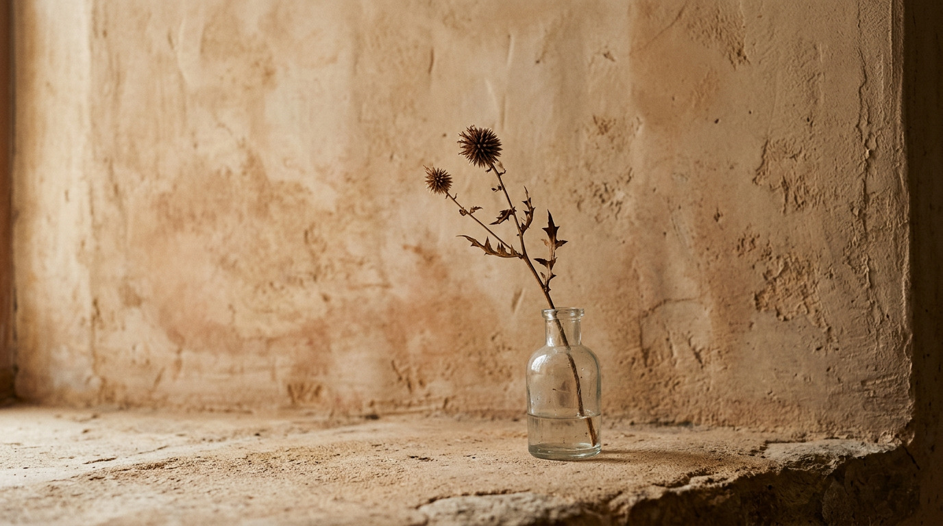 Dried flower stem in a glass bottle against a plaster wall
