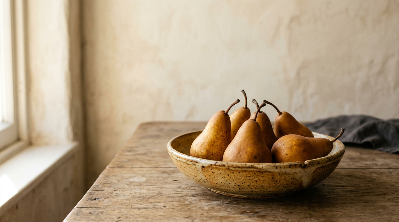 Ripe pears in a shallow ceramic bowl